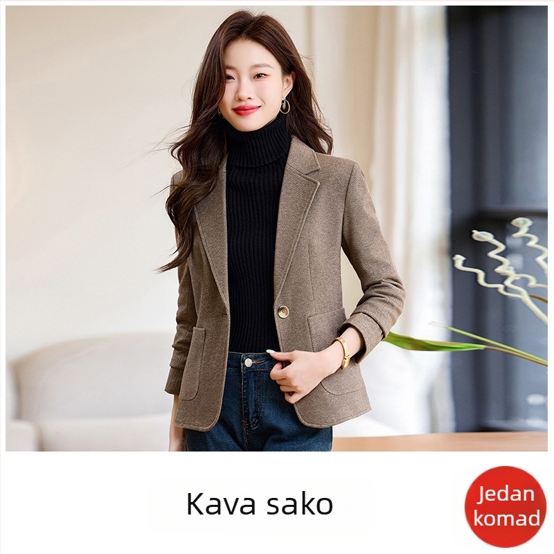SHY8916 Žensko sako Slim-Fit kroja, tkanina od kemijskih vlakana, dugi rukavi, zatvaranje jednim gumbom, ovratnik sakoa