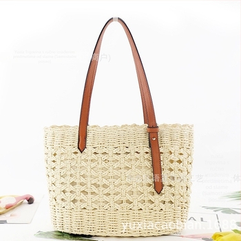 Torba za ramena od papirne užadi, pleteni dizajn, sa zatvaračem, horizontalni kvadratni oblik, podstava poliester-pamuk