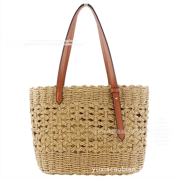 Torba za ramena od papirne užadi, pleteni dizajn, sa zatvaračem, horizontalni kvadratni oblik, podstava poliester-pamuk