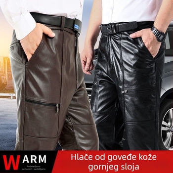 Muške kožne hlače od prvoklasne goveđe kože, otporne na vjetar, tople, vodootporne, visoki pojas, ravni kroj, motociklistički stil, ojačane, slobodan kroj