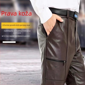 Muške kožne hlače od prvoklasne goveđe kože, otporne na vjetar, tople, vodootporne, visoki pojas, ravni kroj, motociklistički stil, ojačane, slobodan kroj