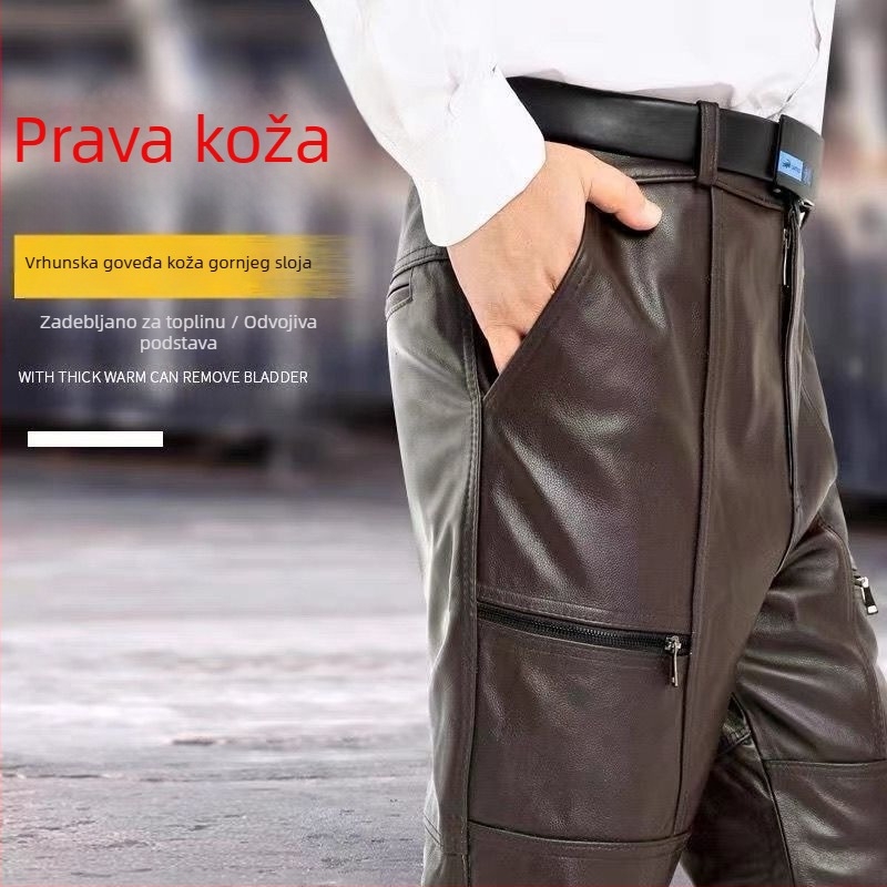 Muške kožne hlače od prvoklasne goveđe kože, otporne na vjetar, tople, vodootporne, visoki pojas, ravni kroj, motociklistički stil, ojačane, slobodan kroj