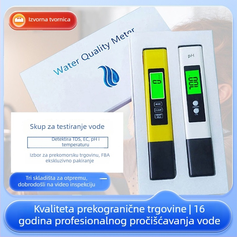 Prijenosni analitičar kvalitete vode – set pH/EC/TDS (model tds&ec&ph-2); mjeri pH 0–14, EC 0–9990 µS/cm, TDS 0–9990 mg/L; točnost pH ±0.05, EC ±2%, TDS ±2%