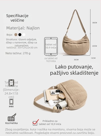 Nylon crossbody dumpling torba, gradski jednostavan stil, zatvaranje na zip, unutarnji zip-džep i džep za dokumente