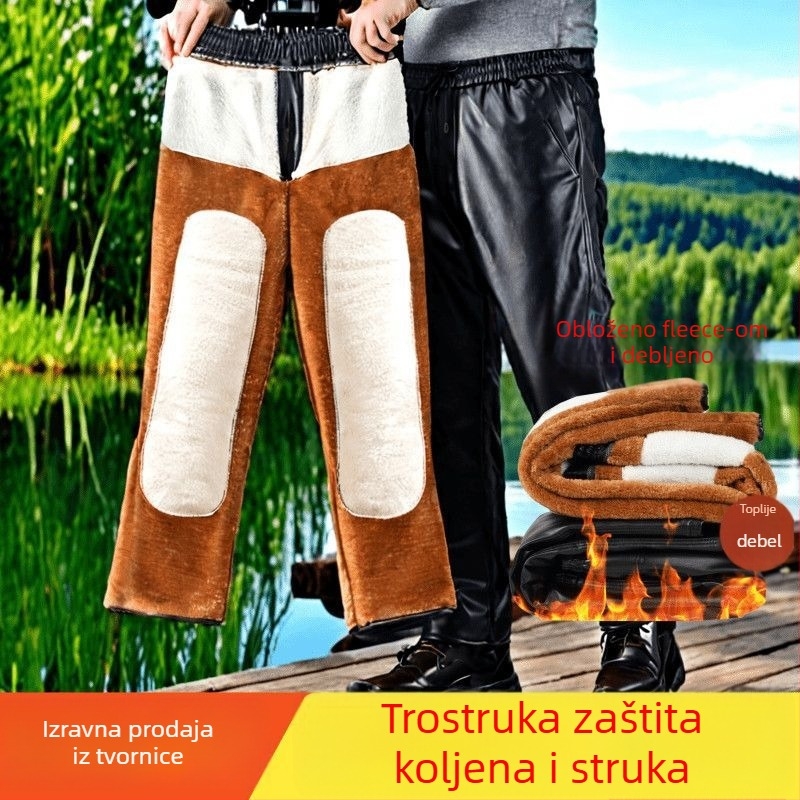 Muške hlače od umjetne kože, podstavljene flisom, visoki struk, uski kroj, za jesen