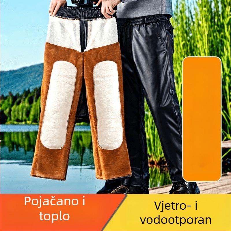 Muške hlače od umjetne kože, podstavljene flisom, visoki struk, uski kroj, za jesen