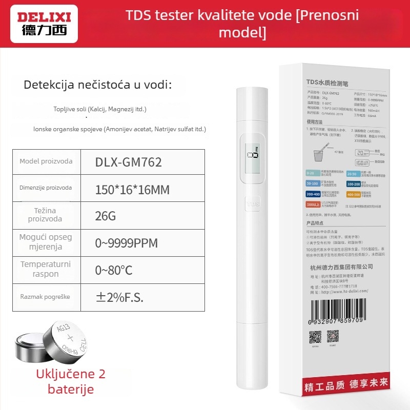 Delixi DLX-GM762 Prijenosni analizator kvalitete vode - raspon 0-9999 PPM, točnost ±2% F.S., napajanje 1.5V, razlučivost 1