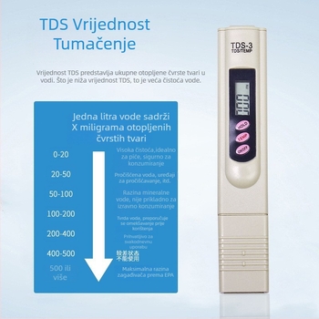 Prijenosni TDS mjerač kvalitete vode, model TDS-3, raspon 0–9999, napajanje 1.5V×2, detekcijski elementi 25051365121
