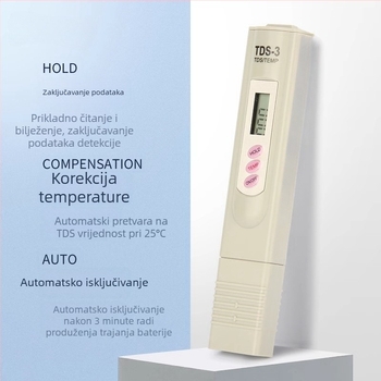Prijenosni TDS mjerač kvalitete vode, model TDS-3, raspon 0–9999, napajanje 1.5V×2, detekcijski elementi 25051365121