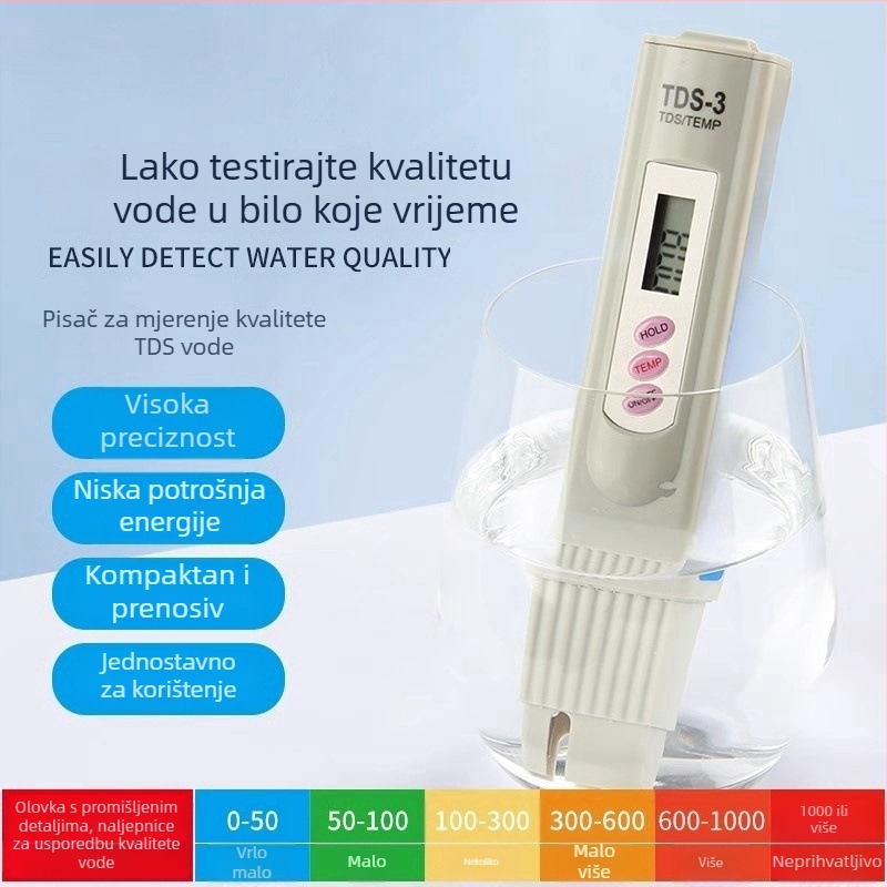 Prijenosni TDS mjerač kvalitete vode, model TDS-3, raspon 0–9999, napajanje 1.5V×2, detekcijski elementi 25051365121