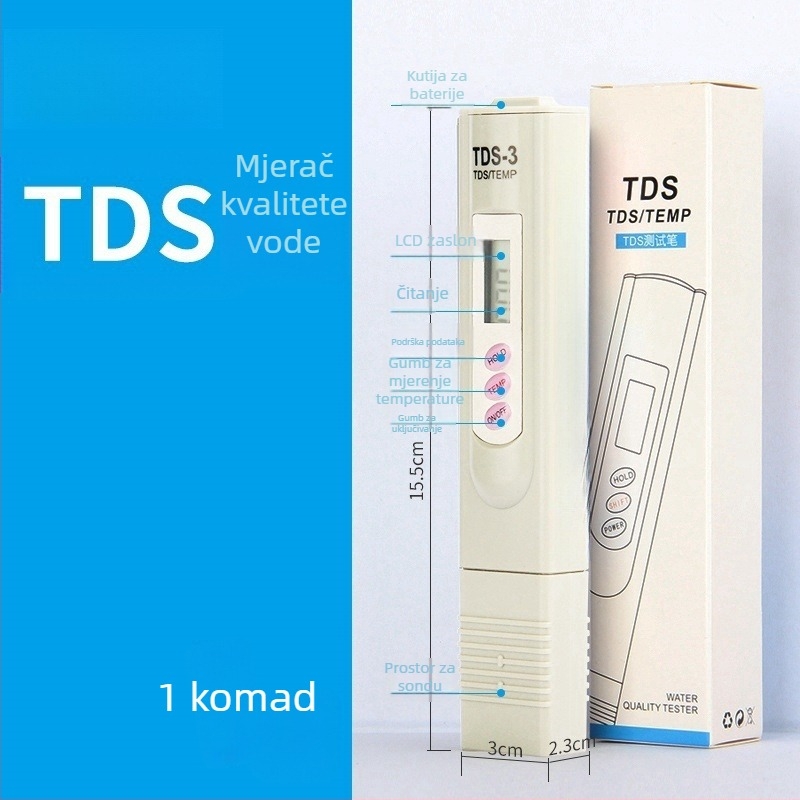 Prijenosni TDS mjerač kvalitete vode, model TDS-3, raspon 0–9999, napajanje 1.5V×2, detekcijski elementi 25051365121