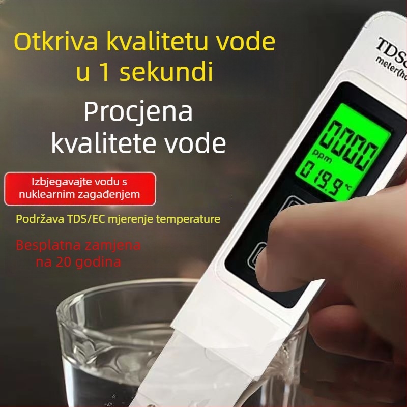 Prijenosni analizator kvalitete vode — tri u jedan: temperatura, provodnost i TDS, za kućnu pitnu vodu.