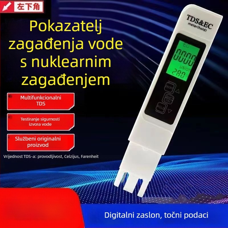Prijenosni analizator kvalitete vode — tri u jedan: temperatura, provodnost i TDS, za kućnu pitnu vodu.