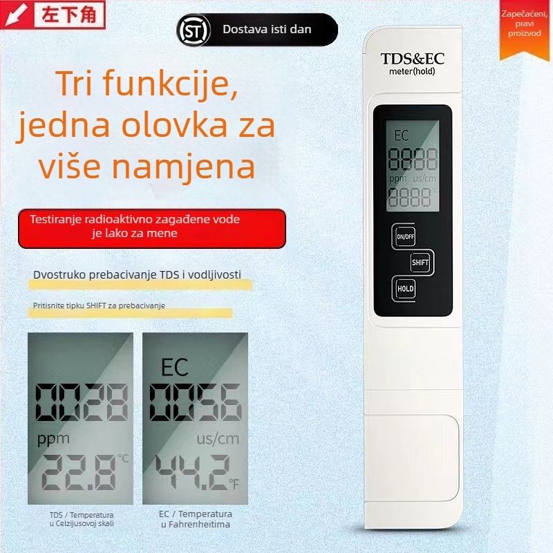 Prijenosni analizator kvalitete vode — tri u jedan: temperatura, provodnost i TDS, za kućnu pitnu vodu.