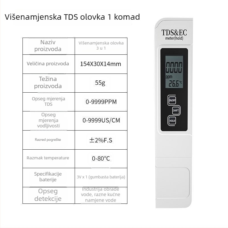 Prijenosni analizator kvalitete vode — tri u jedan: temperatura, provodnost i TDS, za kućnu pitnu vodu.