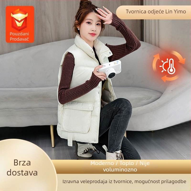 Ženska vesta s punom pamuka – stojeći ovratnik, opušten kroj, prugasti/kockasti uzorak, tkanina od poliestera-viskoze, gusta izolacija