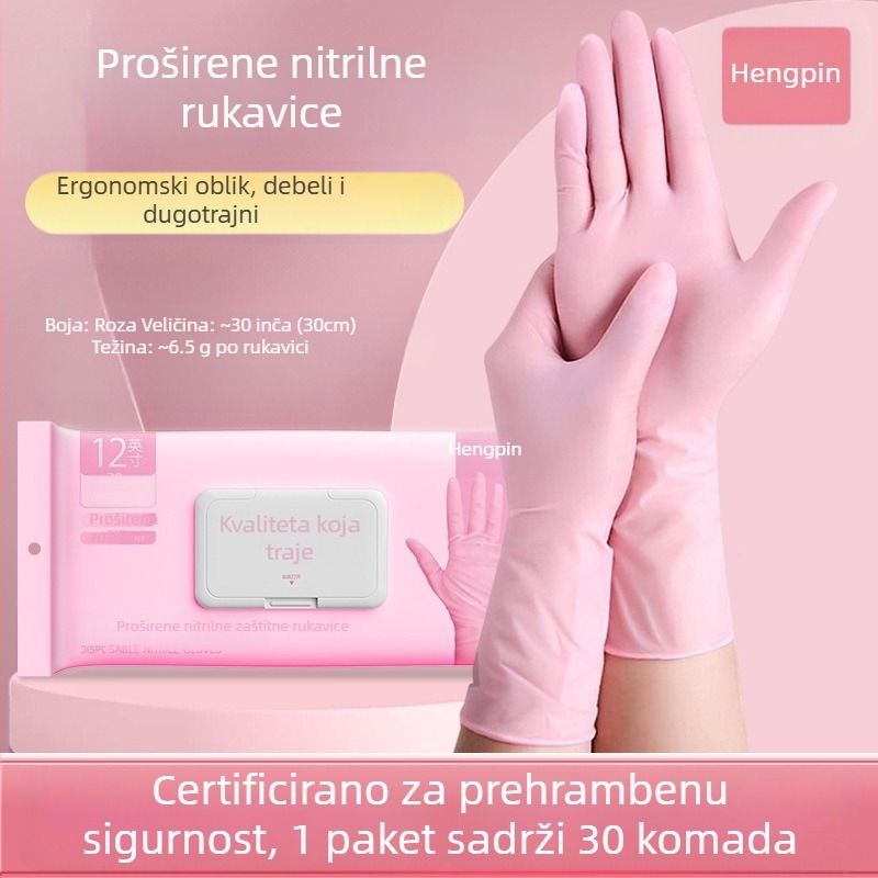 Nitril rukavice za kućanske poslove i pranje posuđa; vodootporne, izdržljive, jednokratne, prehrambene klase, produženi manžet