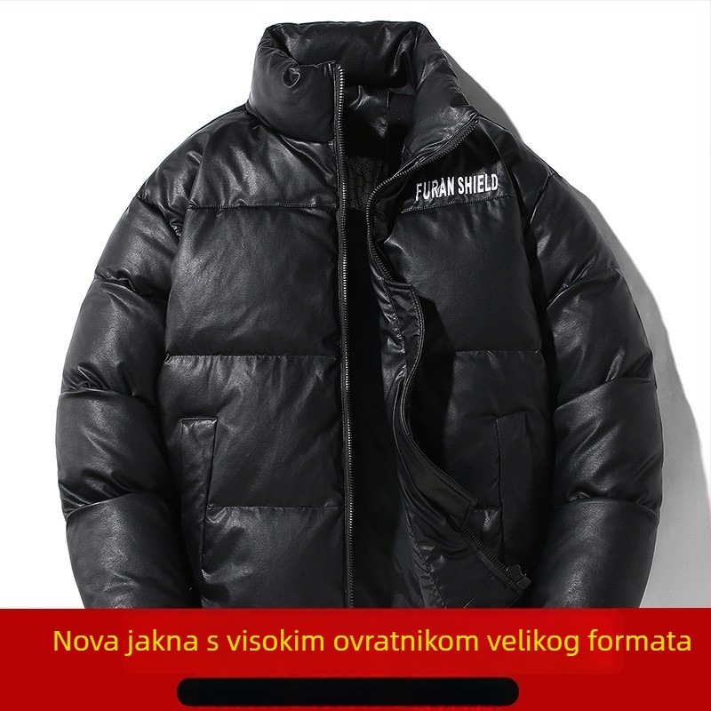 Muška zimska jakna s perjem, debelejšeg kroja, 250–300 g punjenja, 36–40% perja, vodootporna i otporna na vjetar, stojeći ovratnik, zatvarač sprijeda