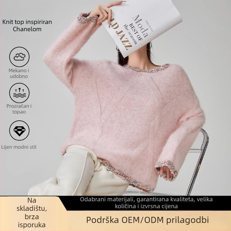 Mohair pleteni džemper - labav kroj, okrugli ovratnik, jednofarbni uzorak, japansko-korejski ležerni stil