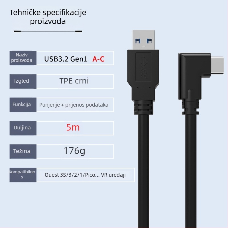 VR kabel za podatke za Oculus Quest 3 – USB 3.0 / Type-C, PD brzo punjenje, 60W max, TPE materijal