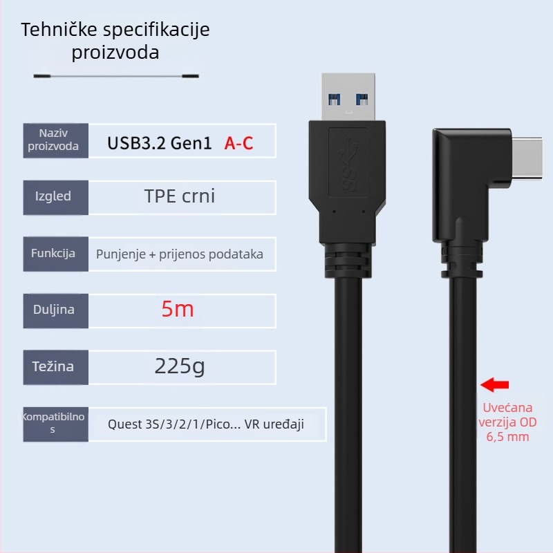VR kabel za podatke za Oculus Quest 3 – USB 3.0 / Type-C, PD brzo punjenje, 60W max, TPE materijal