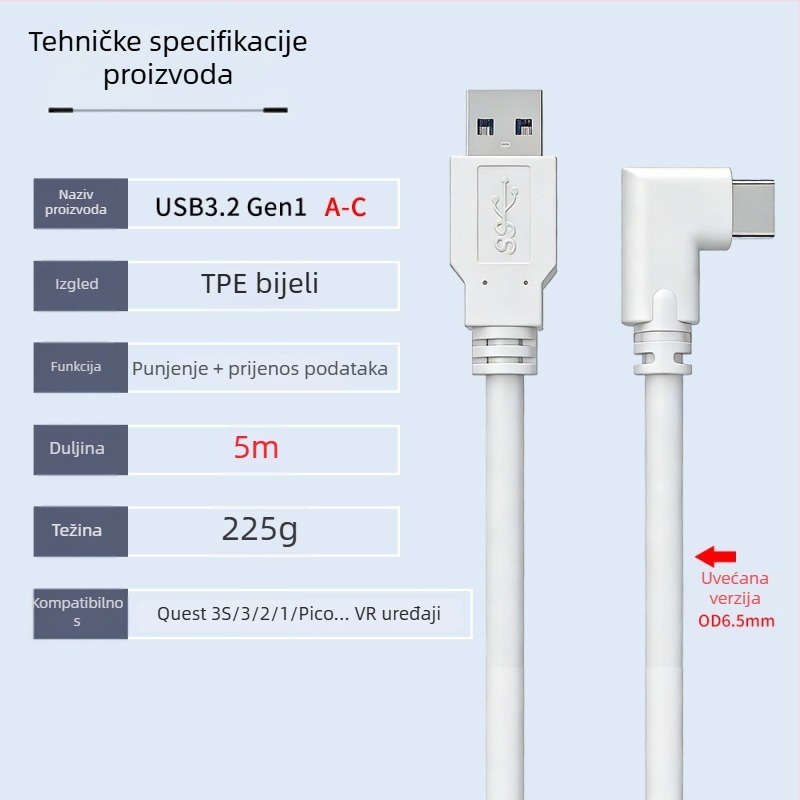 VR kabel za podatke za Oculus Quest 3 – USB 3.0 / Type-C, PD brzo punjenje, 60W max, TPE materijal