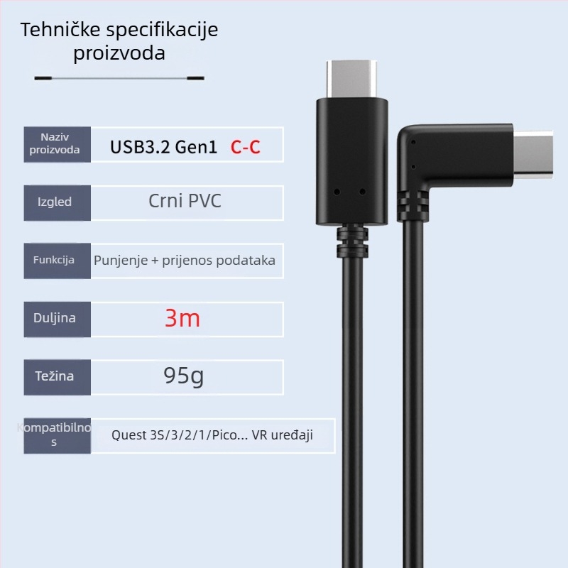 VR kabel za podatke za Oculus Quest 3 – USB 3.0 / Type-C, PD brzo punjenje, 60W max, TPE materijal