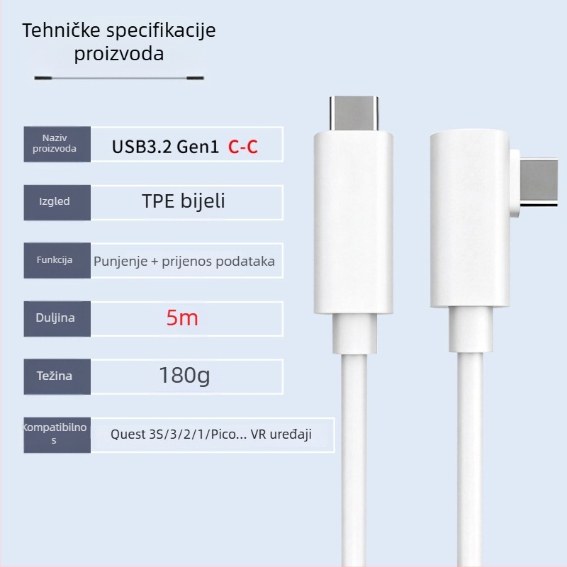 VR kabel za podatke za Oculus Quest 3 – USB 3.0 / Type-C, PD brzo punjenje, 60W max, TPE materijal