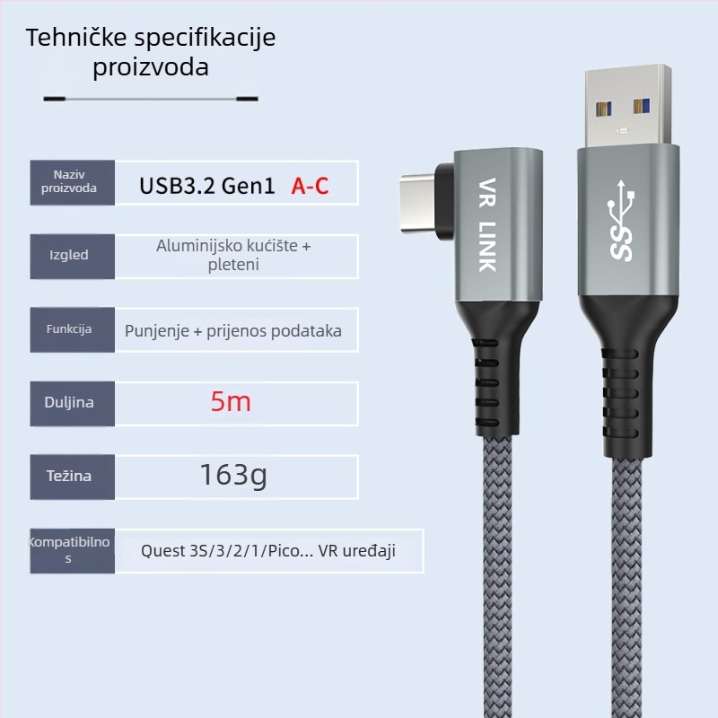 VR kabel za podatke za Oculus Quest 3 – USB 3.0 / Type-C, PD brzo punjenje, 60W max, TPE materijal