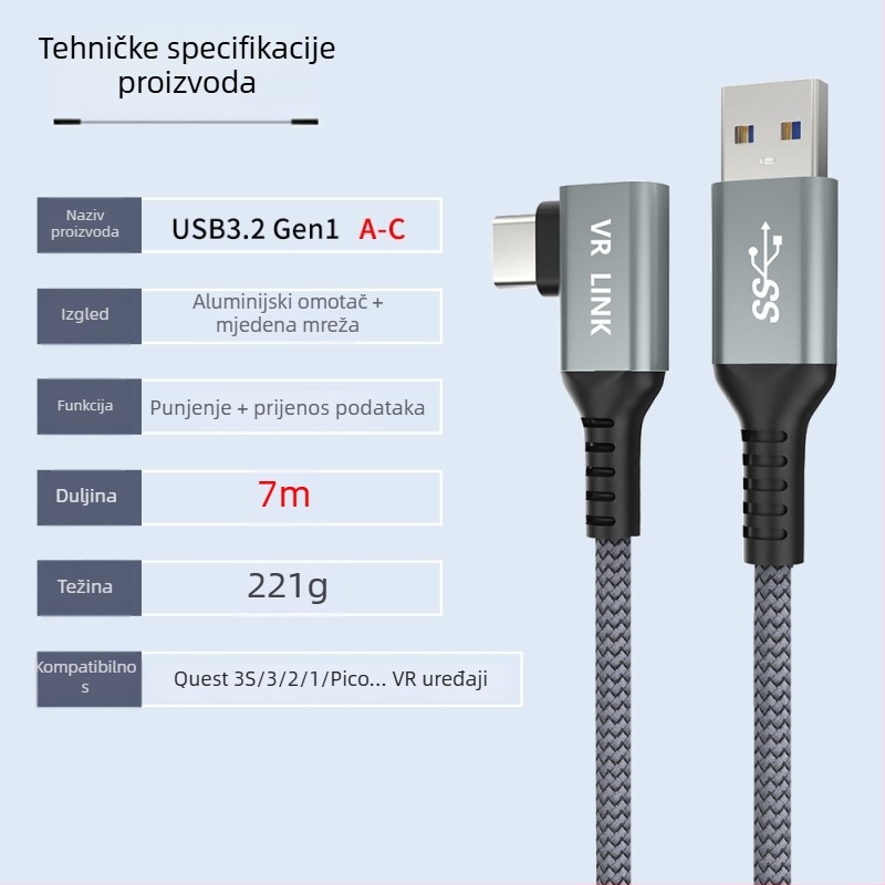 VR kabel za podatke za Oculus Quest 3 – USB 3.0 / Type-C, PD brzo punjenje, 60W max, TPE materijal