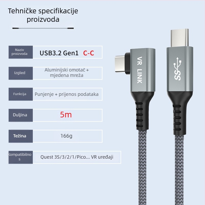 VR kabel za podatke za Oculus Quest 3 – USB 3.0 / Type-C, PD brzo punjenje, 60W max, TPE materijal