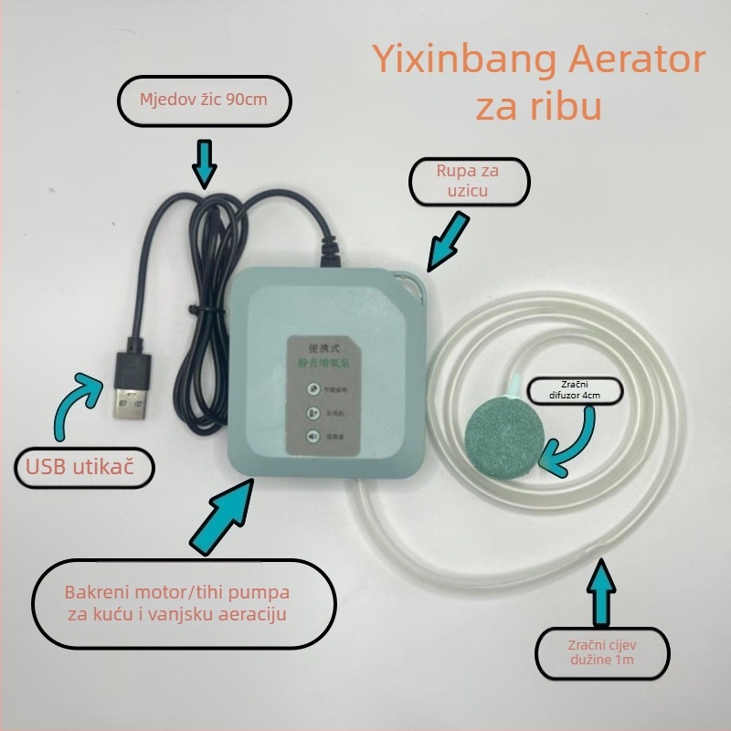 USB napajana pumpa kisik za akvarij, tiha kompaktna aerator za akvarij