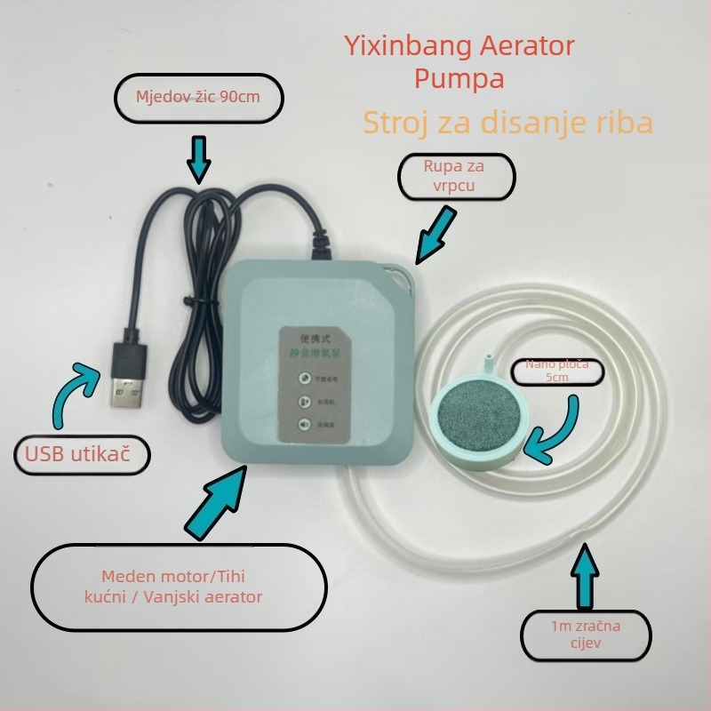 USB napajana pumpa kisik za akvarij, tiha kompaktna aerator za akvarij