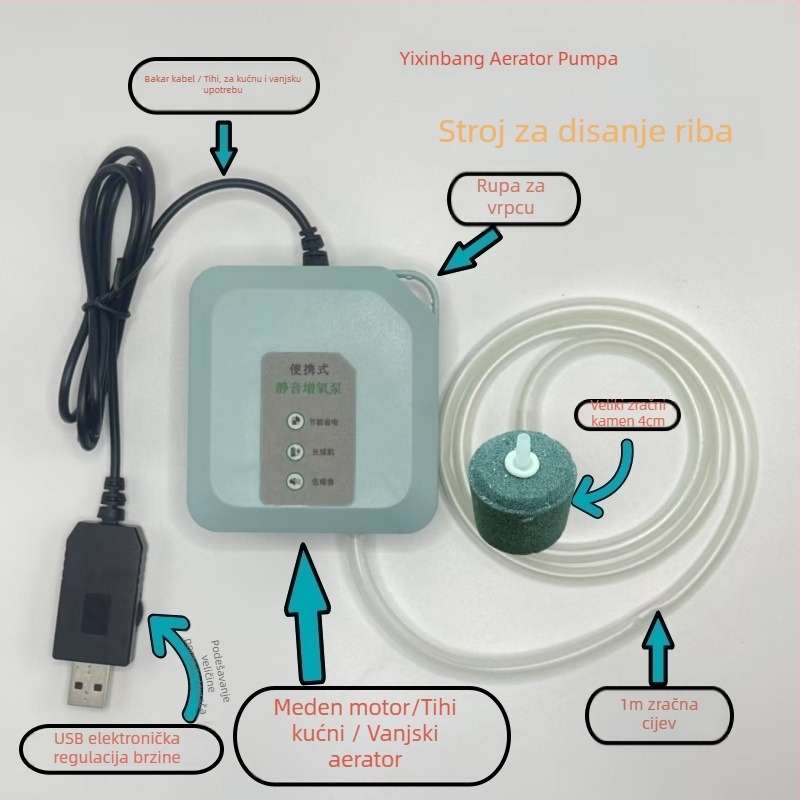 USB napajana pumpa kisik za akvarij, tiha kompaktna aerator za akvarij
