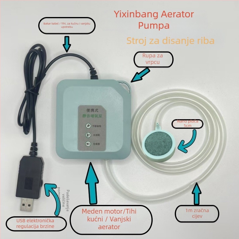 USB napajana pumpa kisik za akvarij, tiha kompaktna aerator za akvarij