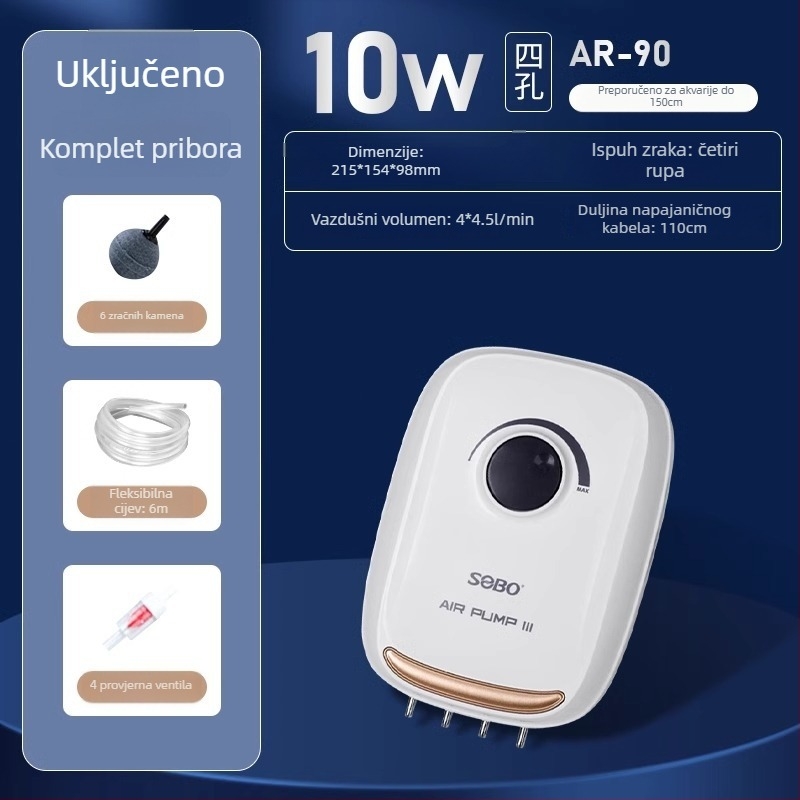 Pumpa za oksigenaciju akvarija, tiha, kompaktna, dvostruki izlaz, Songbao, 500 g