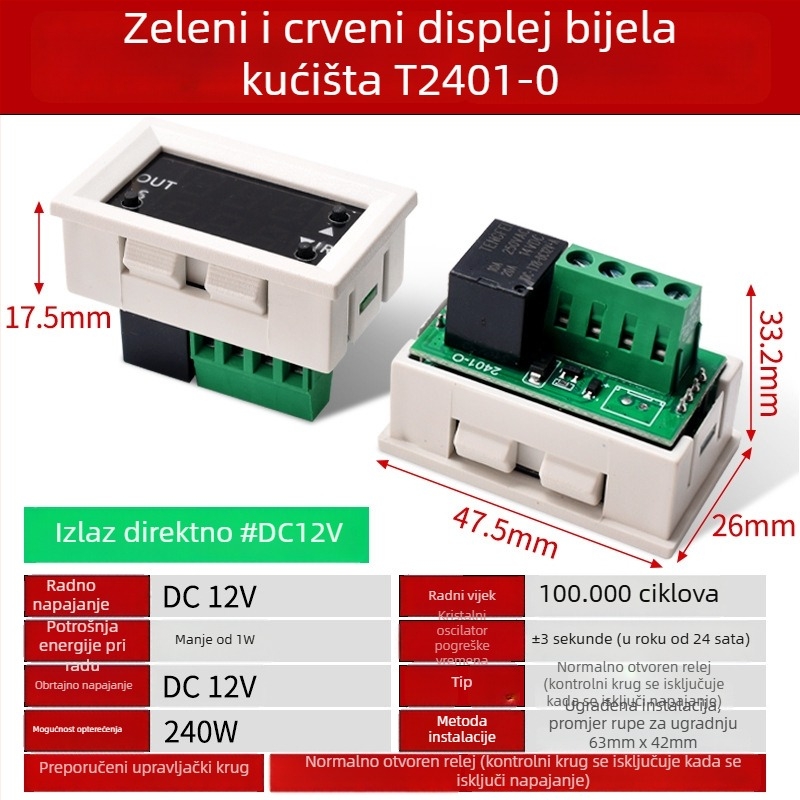 12V rele modul s cikličkim uključivanjem/isključivanjem i digitalnim dvostrukim LED displejem