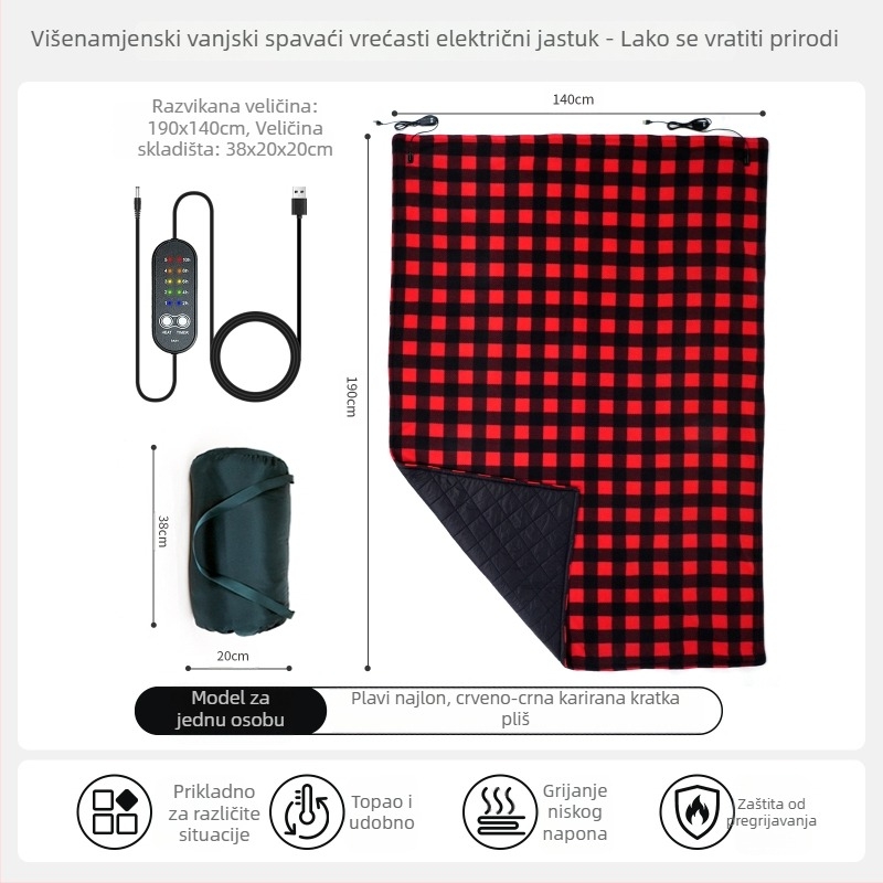 Električna deka za kampiranje s napajanjem iz vozila, 5V, 10W, 5 postavki grijanja, sintetičko vlakno