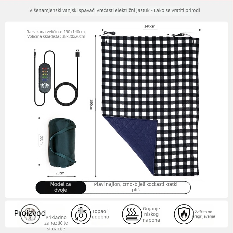 Električna deka za kampiranje s napajanjem iz vozila, 5V, 10W, 5 postavki grijanja, sintetičko vlakno