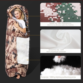 Spavaća vreća s pačjim perjem za kampiranje – omotački stil, tkanina: najlonska, podstava: Chunya Spinning, težina: 3000 g