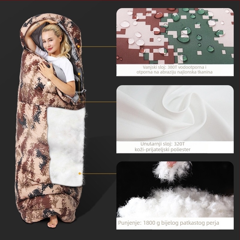 Spavaća vreća s pačjim perjem za kampiranje – omotački stil, tkanina: najlonska, podstava: Chunya Spinning, težina: 3000 g