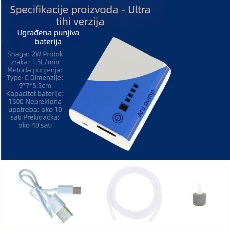 Pumpa za oksigeniranje akvarija – punjiva, tiha, kompaktna, USB litij baterija, pogodna za ribolov na otvorenom (210 g)