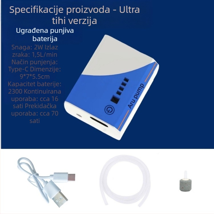 Pumpa za oksigeniranje akvarija – punjiva, tiha, kompaktna, USB litij baterija, pogodna za ribolov na otvorenom (210 g)