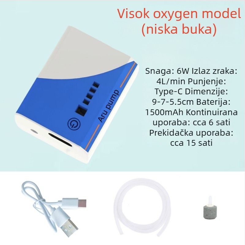Pumpa za oksigeniranje akvarija – punjiva, tiha, kompaktna, USB litij baterija, pogodna za ribolov na otvorenom (210 g)