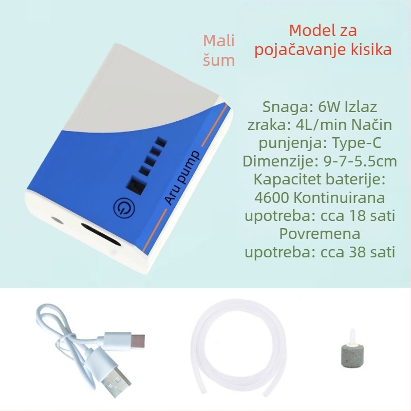 Pumpa za oksigeniranje akvarija – punjiva, tiha, kompaktna, USB litij baterija, pogodna za ribolov na otvorenom (210 g)
