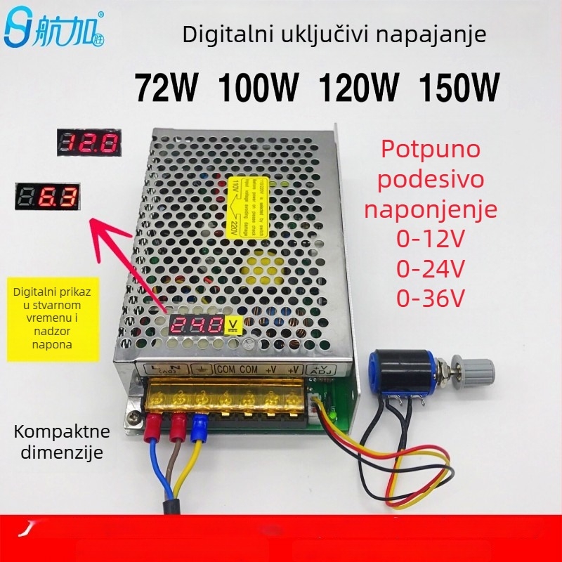 Napajanje DC s digitalnim zaslonom, PWM regulacijom, Switching tip, izlaz 0-36V do 150W, 0-6A, ulaz 110/220V, učinkovitost 85%, šum izlaza <100 mV