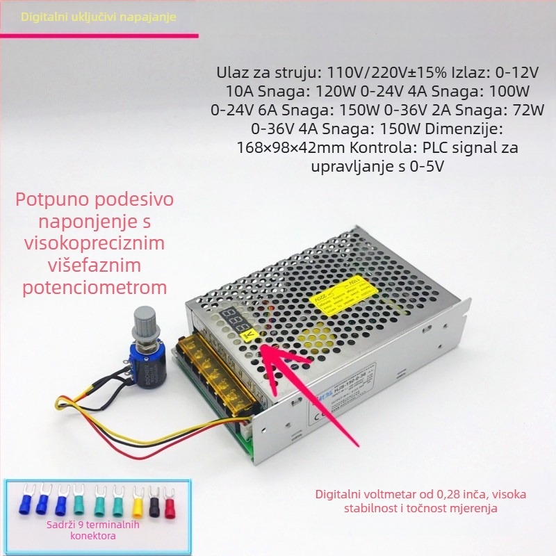 Napajanje DC s digitalnim zaslonom, PWM regulacijom, Switching tip, izlaz 0-36V do 150W, 0-6A, ulaz 110/220V, učinkovitost 85%, šum izlaza <100 mV
