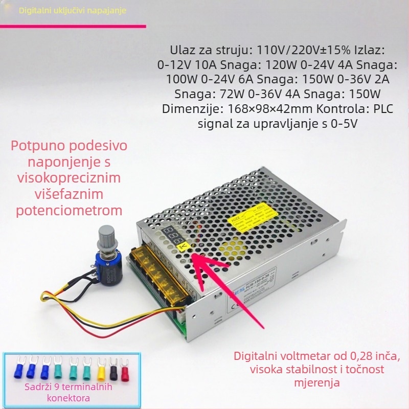 Napajanje DC s digitalnim zaslonom, PWM regulacijom, Switching tip, izlaz 0-36V do 150W, 0-6A, ulaz 110/220V, učinkovitost 85%, šum izlaza <100 mV