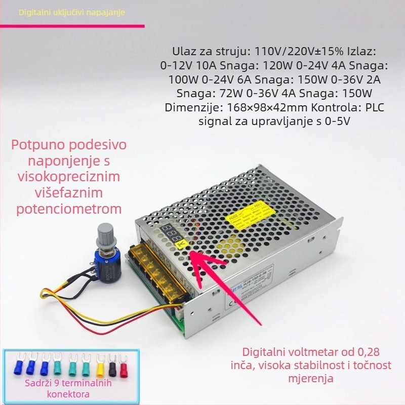 Napajanje DC s digitalnim zaslonom, PWM regulacijom, Switching tip, izlaz 0-36V do 150W, 0-6A, ulaz 110/220V, učinkovitost 85%, šum izlaza <100 mV