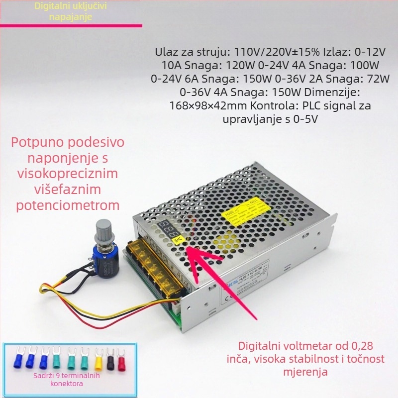 Napajanje DC s digitalnim zaslonom, PWM regulacijom, Switching tip, izlaz 0-36V do 150W, 0-6A, ulaz 110/220V, učinkovitost 85%, šum izlaza <100 mV